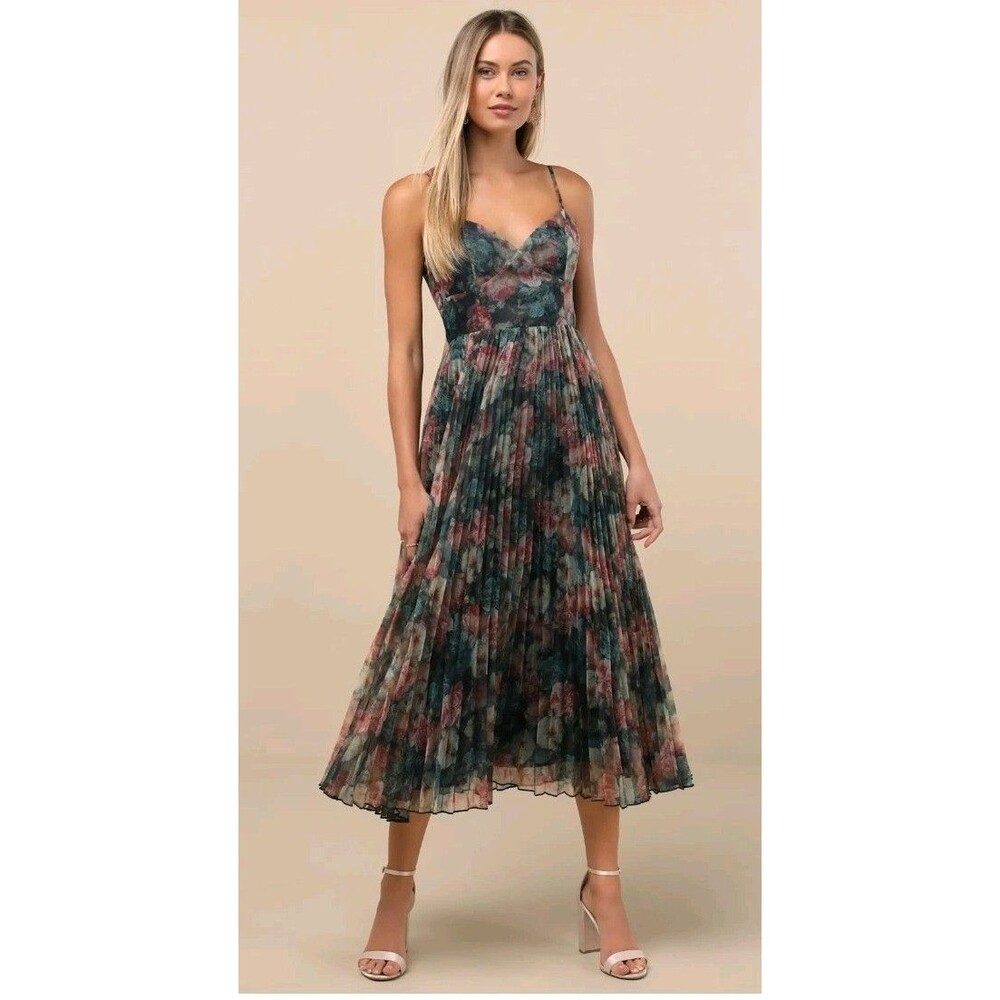 NWT Lulus Alondra Dark Green Multi Floral Pleated Midi Dress Size XL